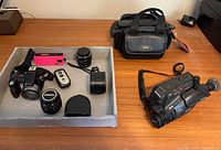 Overview of cameras, lenses, remote, charger and bag on table
