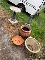 Full set: birdbath, two large planters, saucer, plastic pedestal