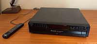 Front view of Sony 5-disc CD changer with remote and power cord