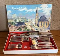 Boxed WMF Frankfurt cutlery set closed showing illustrated lid