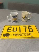 Lot overview showing license plate and two mugs