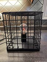 Front view of black metal cage lamp with bulb lit