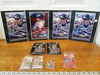 Overview of four NASCAR photo prints and six packaged keychains