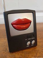 Front view showing red lips, controls and speaker