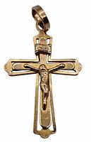 Front view of gold crucifix pendant with corpus and INRI plaque