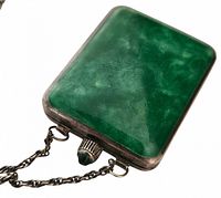 Front view of malachite-set sterling case with crown and chain loop visible