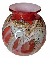 Full view of bulbous marbled art glass vase