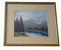Front view of framed pastel landscape showing mat, frame and artwork