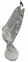 Full view of clear glass trout sculpture on base