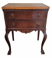 Full frontal view of cabinet showing two drawers, cabriole legs, claw feet, carved apron, brass pulls