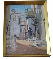 Front view of framed watercolor village scene