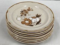 Stack of nine stoneware plates showing floral design and rim