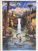 Full image of print showing waterfall, fish, forest and mountain scene