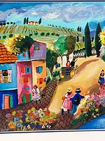 Close view of colorful village scene artwork