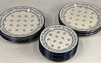Stacked dinner and salad plates showing pattern and counts