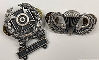 Front view of both sterling badges: Expert Rifle and Parachutist