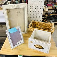 All four items: two white frames, wicker basket, white drawer box