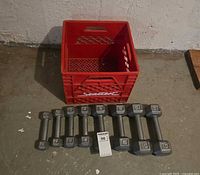 All eight dumbbells and red crate overview