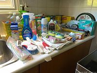 Overview of cleaning liquids, brushes, sponges, towels, and some storage bags on countertop