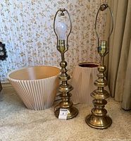 Full view of both brass lamps with shades