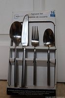 Front of Mainstays flatware box showing sample pieces