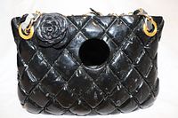 Front view showing quilted surface, entrance hole, chain strap