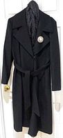 Karl Lagerfeld black wool wrap coat on hanger with scarf and brooch