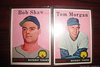Fronts of Bob Shaw and Tom Morgan 1958 Topps Detroit Tigers baseball cards in sleeves