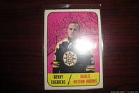 Front of 1967-68 Gerry Cheevers Boston Bruins card in sleeve