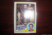 Front of 1984-85 Topps Tom Barrasso rookie card in sleeve
