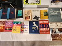Overview of all fourteen books laid out on table