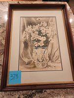 Front view of framed artwork showing daisies, mat and wood frame