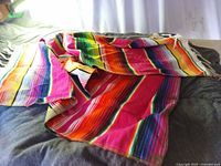 Full view of folded colourful striped textile showing fringe and weave detail
