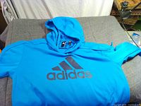 Front view showing blue Adidas hoodie with logo