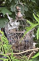 Overall view of hanging metal birdcage planter showing patina and wire scrollwork