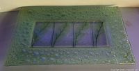 Top view showing entire rectangular seafoam glass tray with bubble border and botanical motif