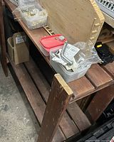 overall view of solid wood shelving unit showing three shelves and condition