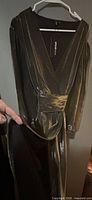 Full view of metallic wrap dress on hanger showing waistband and tie
