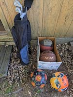Golf bag with clubs, box of basketballs, two soccer balls