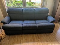 Front view of midnight blue La-Z-Boy sofa