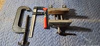Three tools: bench vise, C-clamp, bar clamp on quilted pad