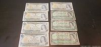 Eight Canadian one-dollar notes laid out, four left column four right column