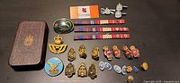 overview of entire lot showing pins, badges, ribbon bars, case
