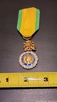 Full view of medal with ribbon and ruler for scale