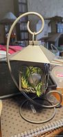 Full view of grey metal lantern with spiral stand and greenery inside