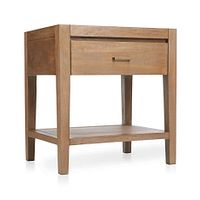 Angled view of nightstand showing drawer, pull, legs and shelf
