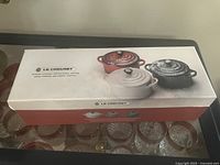 Retail box top showing Le Creuset branding and three coloured mini casseroles