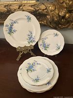 All eight plates, several displayed on stands with others stacked