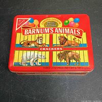 Top view of 1989 Barnum's Animals crackers tin showing lid graphics