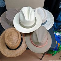 All five hats arranged together with cardboard box visible